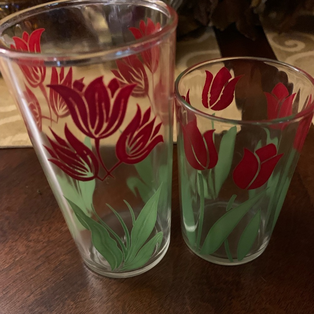 Vintage Floral Glass Set - Red and Green